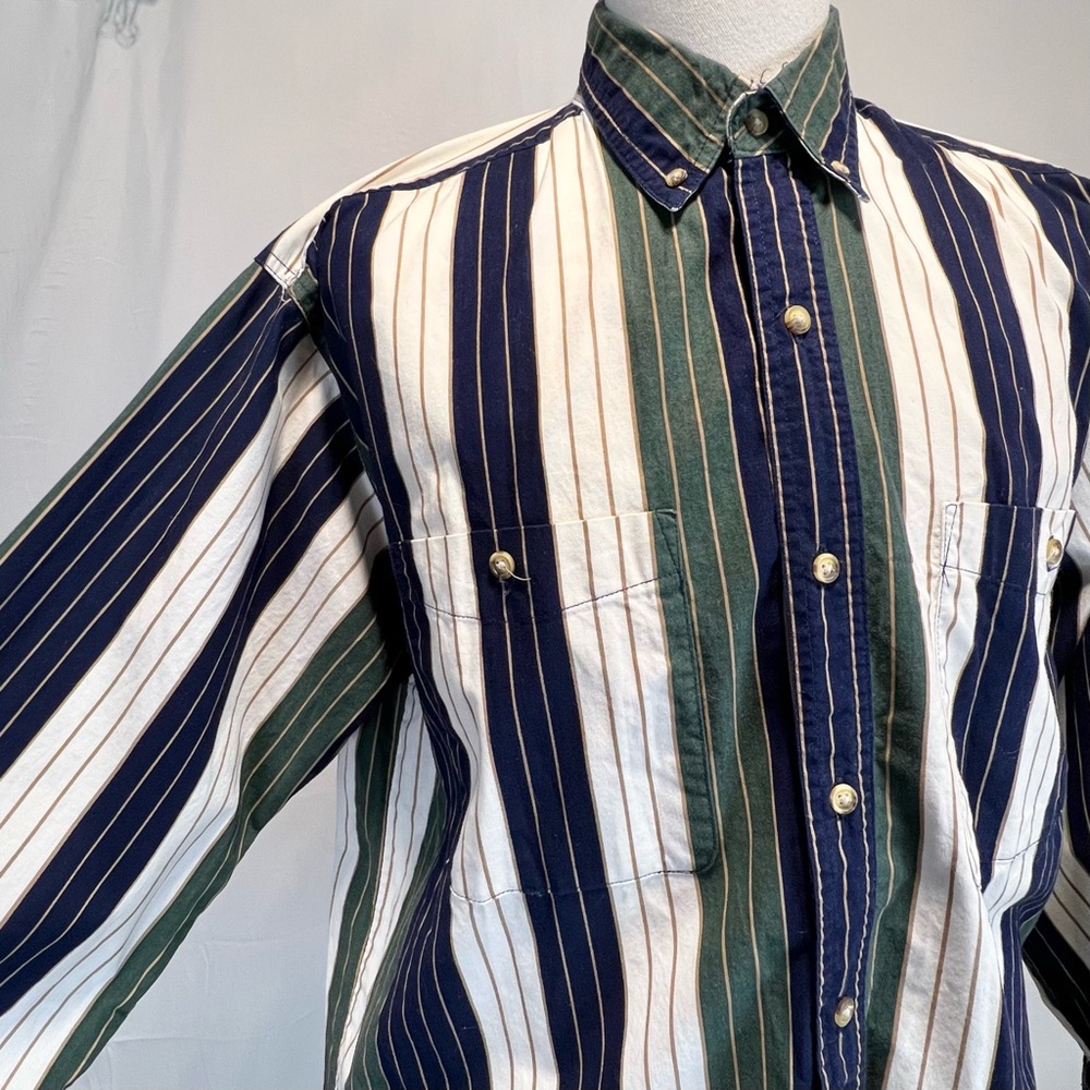 VINTAGE 90s men’s stripe button‎ down shirt 100% cotton blue green casual preppy - Picture 7 of 11